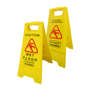 Dual wet floor warning signs in yellow for safety supplied by Purcho UK