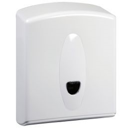 “White hand towel dispenser for washrooms supplied by Purcho UK
