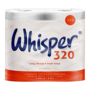 Whisper 320 laminated embossed toilet tissue 4 roll pack – supplied by Purcho UK