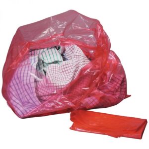 Red laundry strip bag with soluble strip for hygienic linen washing in healthcare Purcho