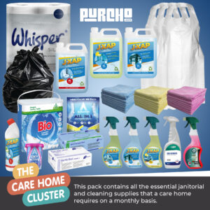 Care home cleaning supplies cluster including JXAP cleaners, laundry products, wipes, bin liners and cloths for monthly hygiene needs in the UK – Purcho