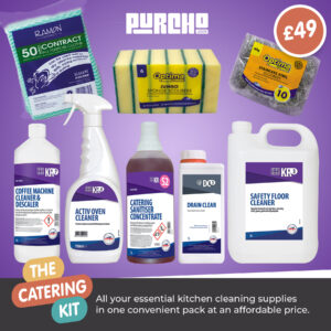 Catering kitchen cleaning kit including oven cleaner, catering sanitiser, drain cleaner, floor cleaner and scourers for professional use in the UK – Purcho