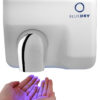 Bluedry automatic hand dryer in use with touchless sensor for commercial washrooms