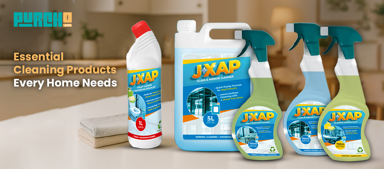 JXAP range of essential home cleaning products by Purcho, including toilet cleaner, glass & mirror cleaner, multi-purpose spray, and disinfectant