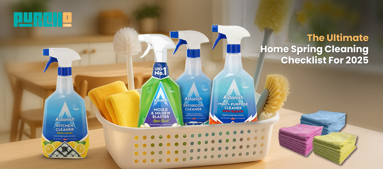 Astonish spring cleaning products in a basket with brushes and microfiber cloths – featured in Purcho’s spring cleaning checklist