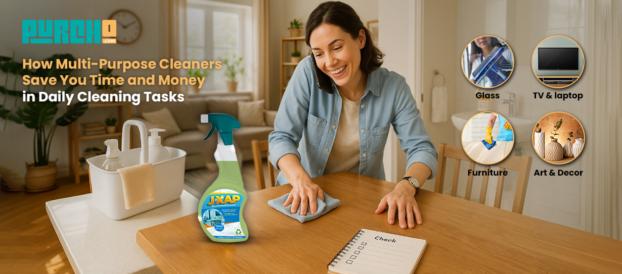 multi-purpose cleaner from Purcho, showing daily use for glass, furniture, decor, and electronics