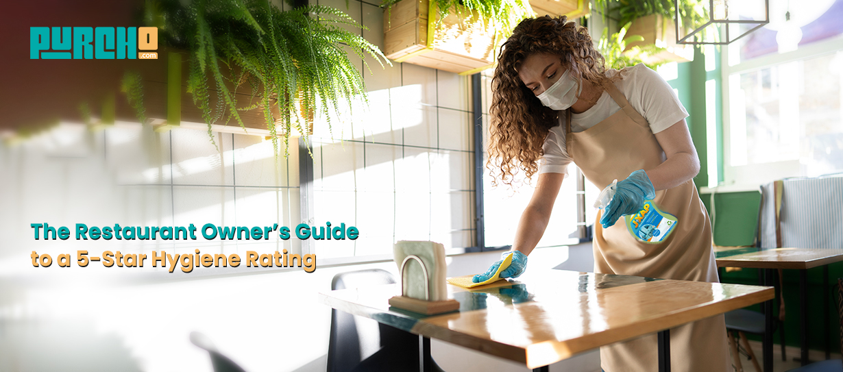 Restaurant staff using Purcho cleaning products to maintain kitchen hygiene and achieve a 5-star hygiene rating in the UK